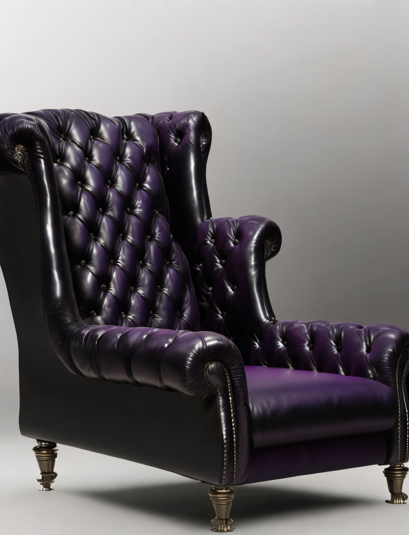 High-Back Armchair with Deep Purple Leather Upholstery and Ornate Wooden Legs