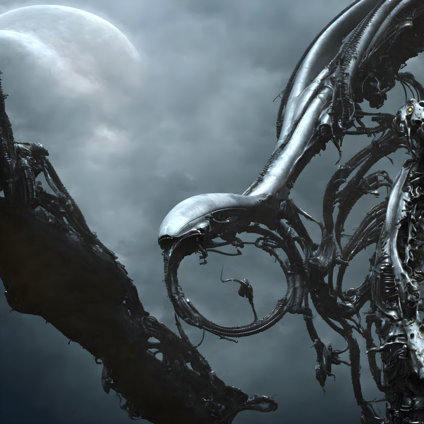 Eerie biomechanical landscape with large moon and alien-like structures