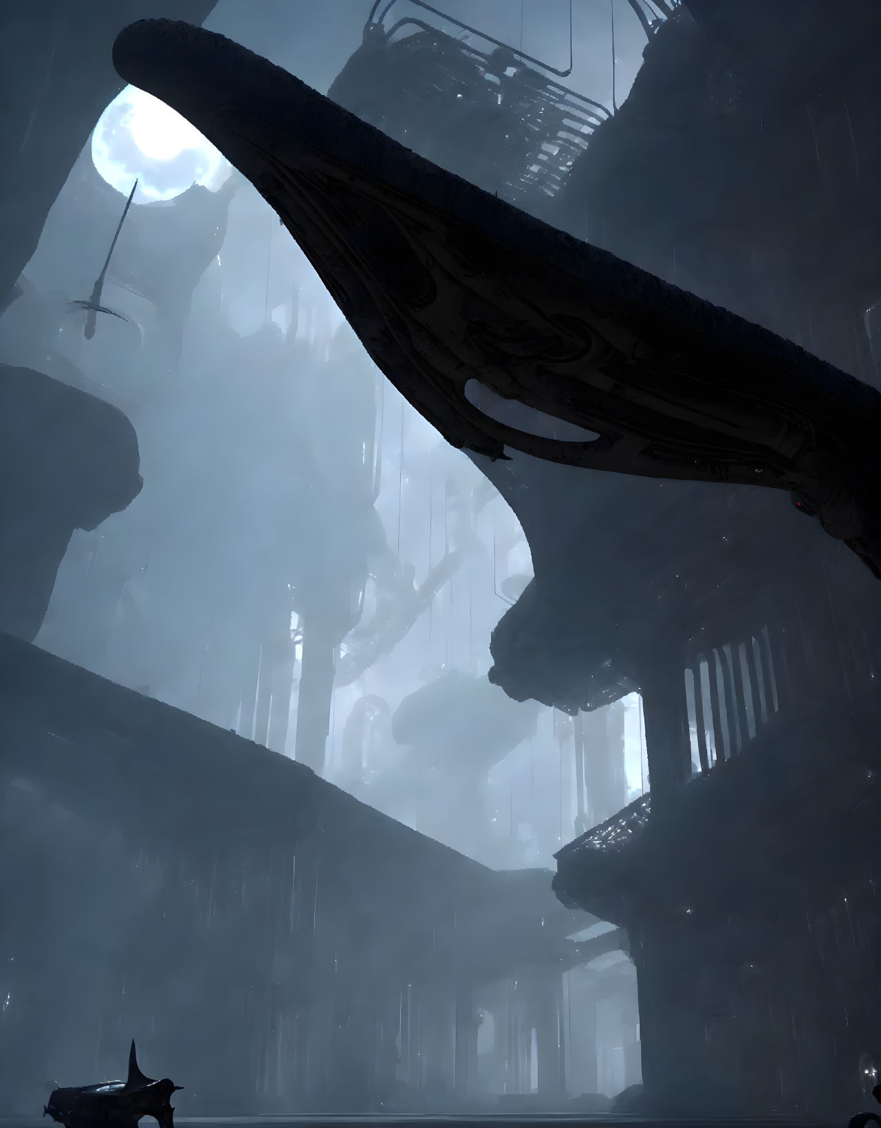 Sci-fi scene: towering structures, small ship, alien landscape in mist