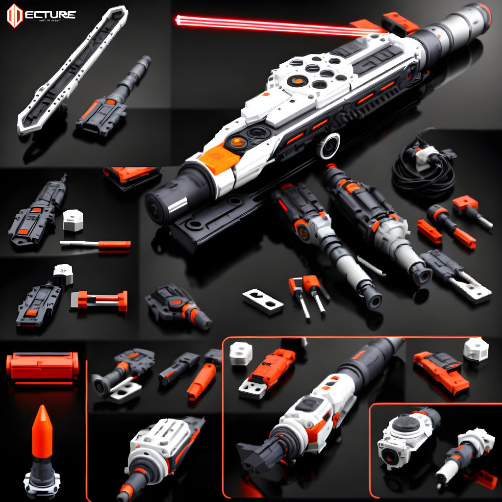 Modular Toy Space Gun in White, Gray, and Orange Displayed on Black Background