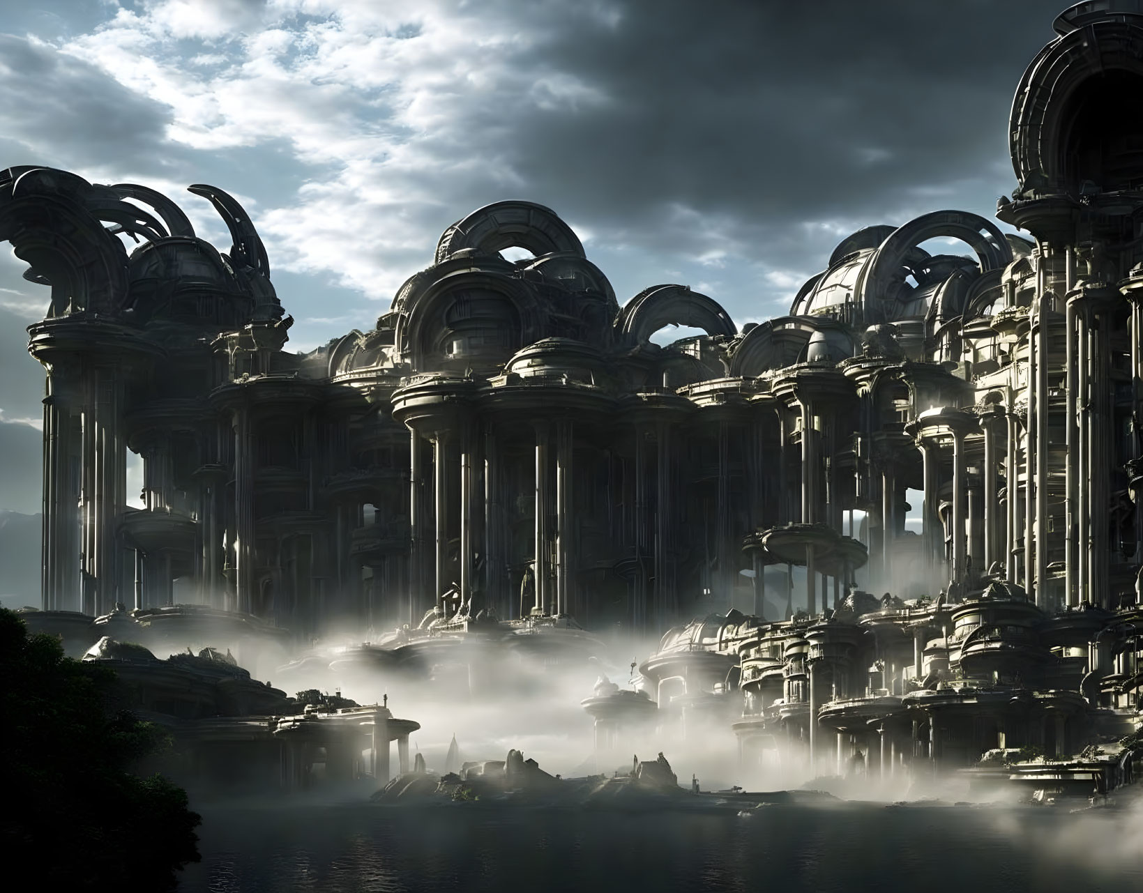 Ancient ruins with towering columns and domed structures near misty water