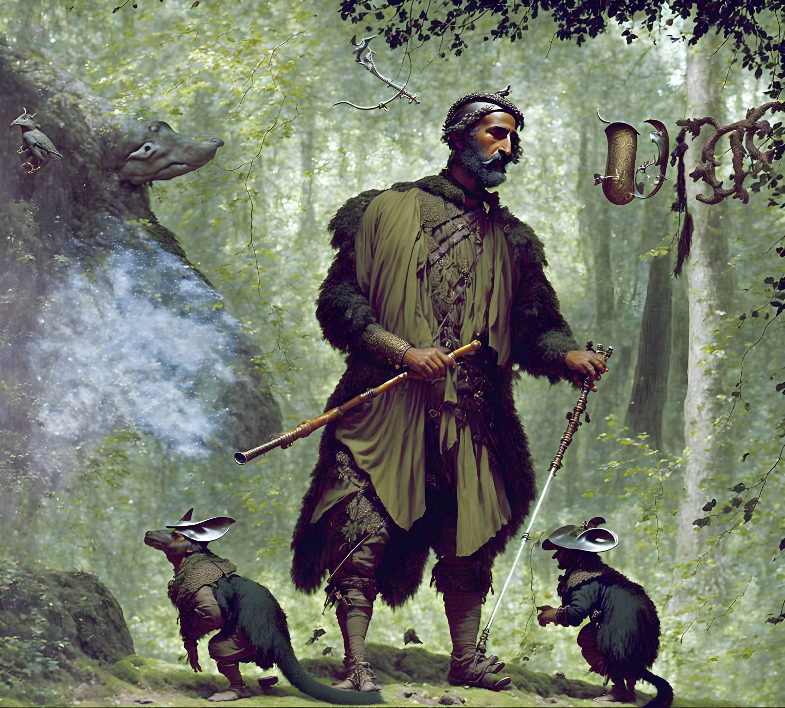 Person in forest with cloak and staff, accompanied by bipedal rats and large reptile.