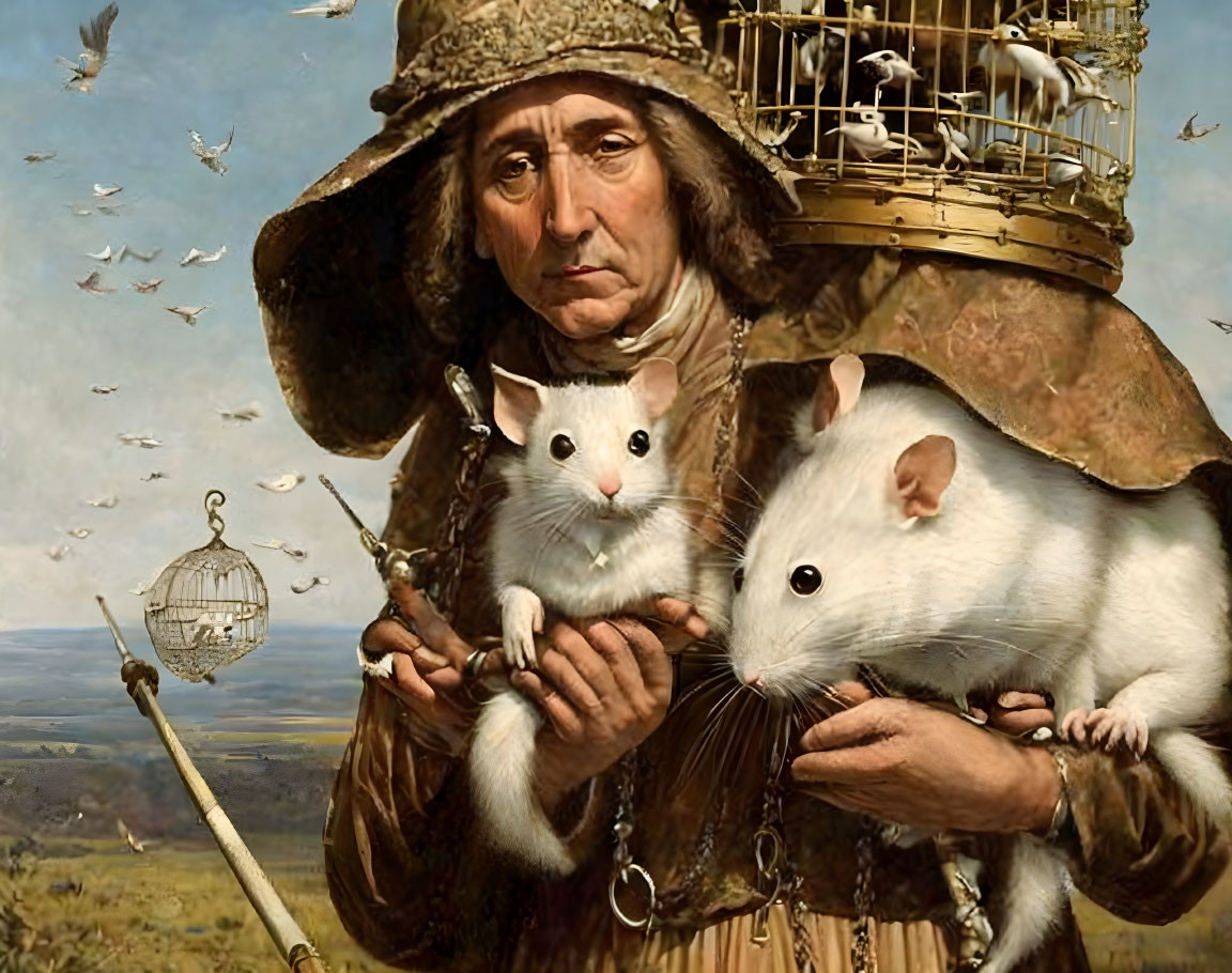 Classical painting merged with modern elements: man in vintage attire with oversized white mice, birds, and