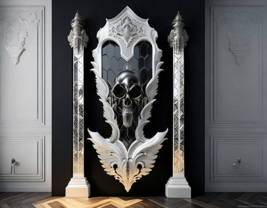 Detailed Gothic Door with Reflective Black Surface and Silver Skull