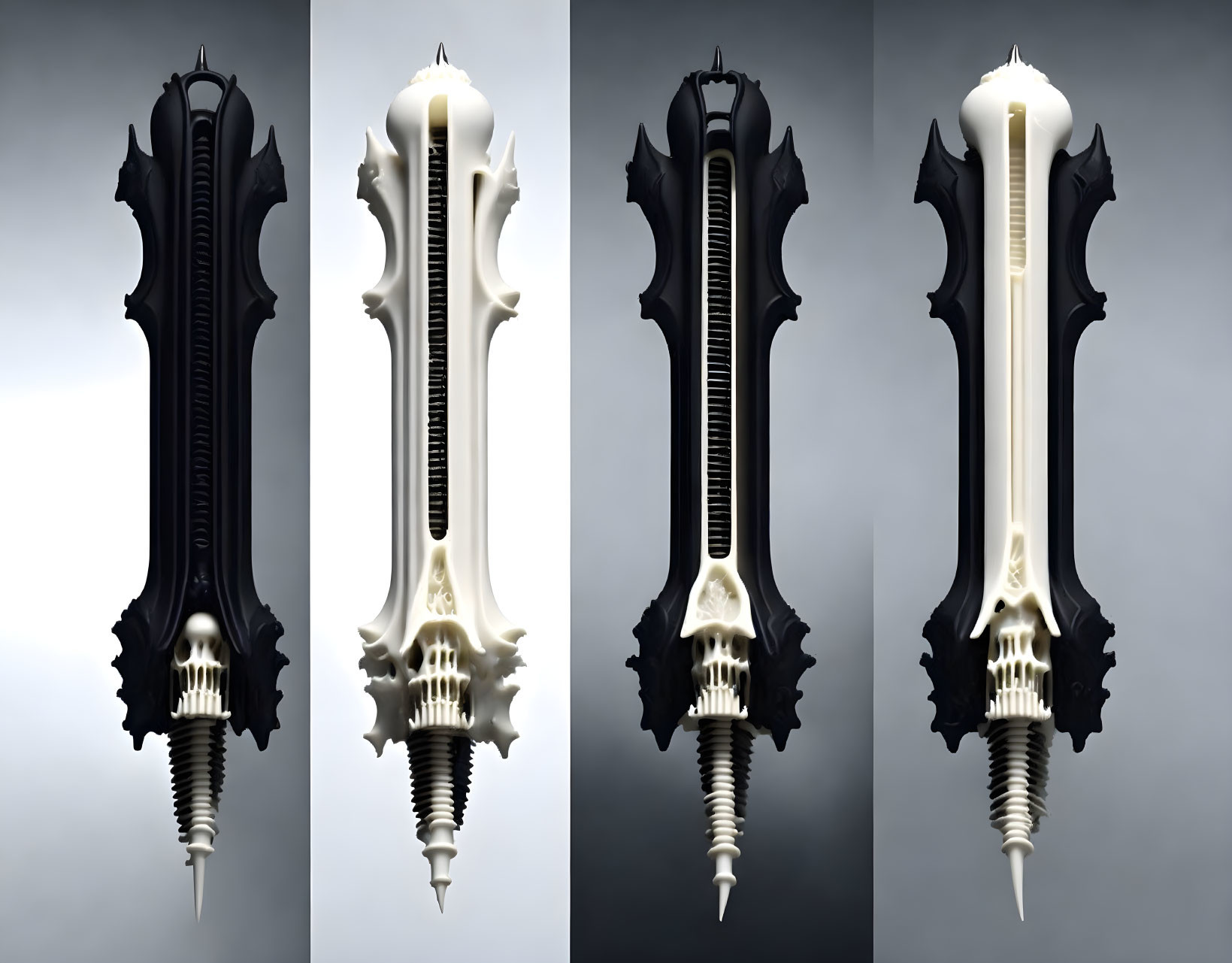 Four Stylized Spine-Shaped Electric Guitars on Gradient Backgrounds