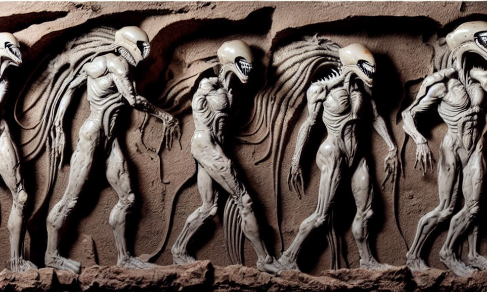 Alien figures with elongated skulls emerging from textured background