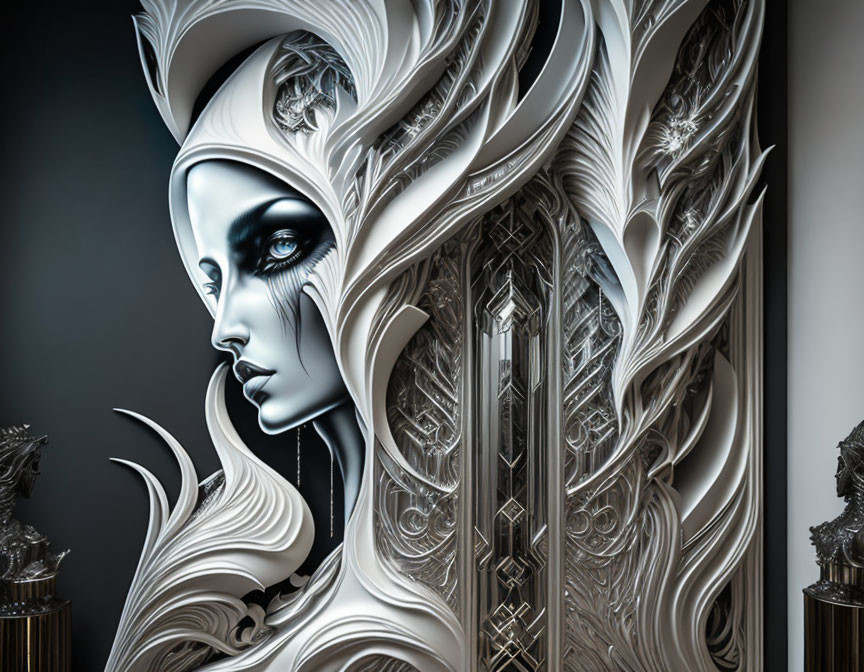 Stylized 3D artwork of female figure with ornate white hair and feathers on dark background