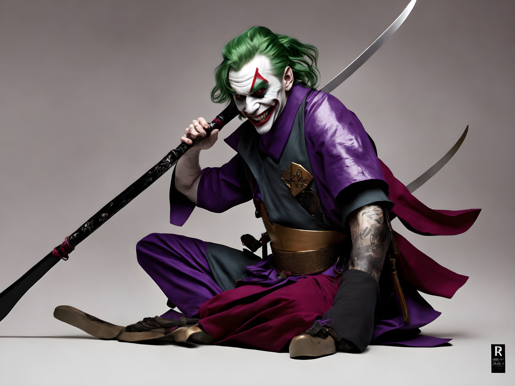 Joker character in samurai outfit with tattoos and katana sword