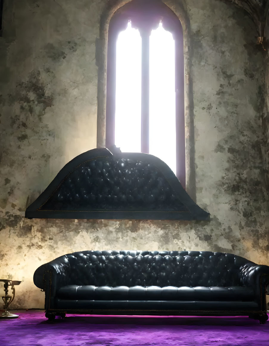 Black Tufted Sofa in Room with Gothic Windows, Purple Carpet, Aged Walls, and Golden