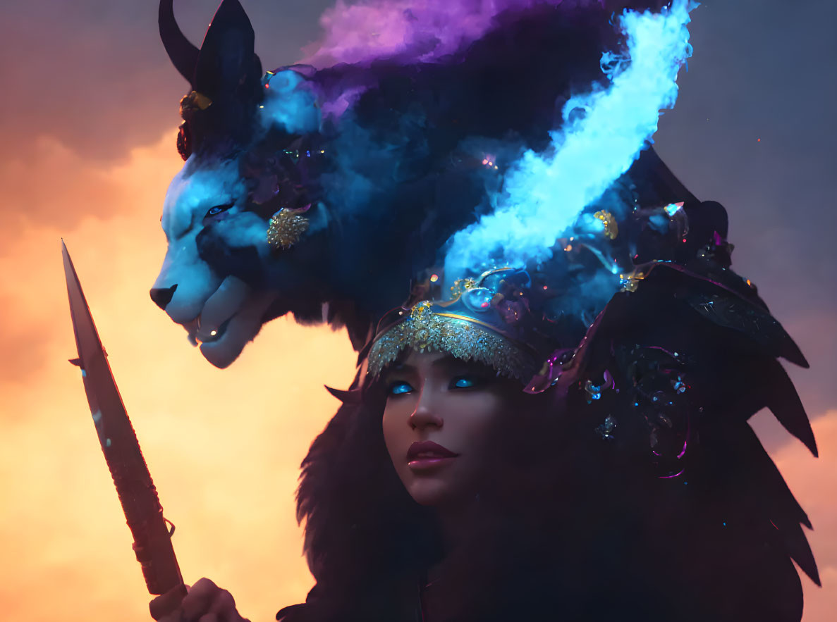 Elaborate fantasy costume with wolf-like headdress and spear in misty backdrop