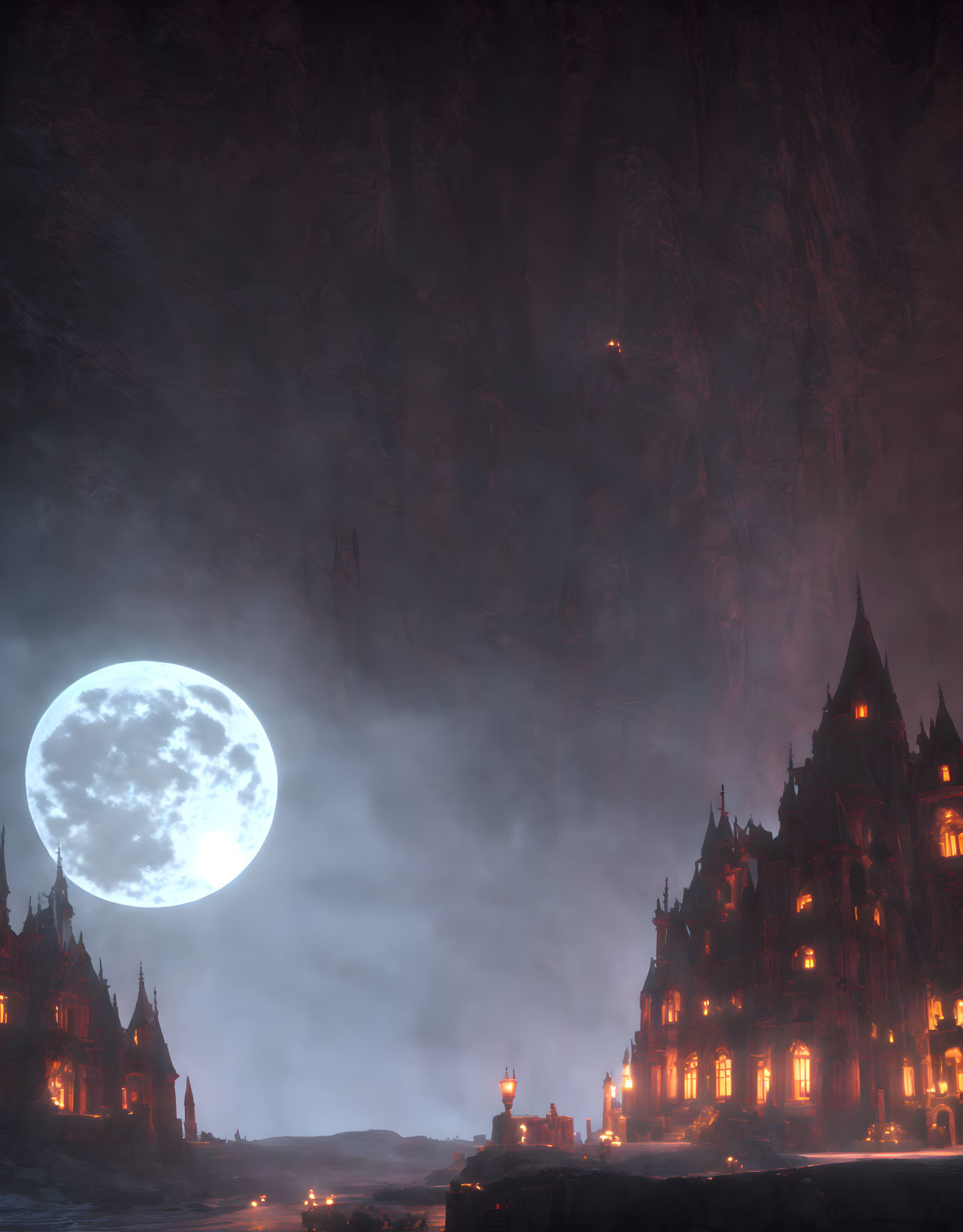 Gothic castle with illuminated windows under full moon