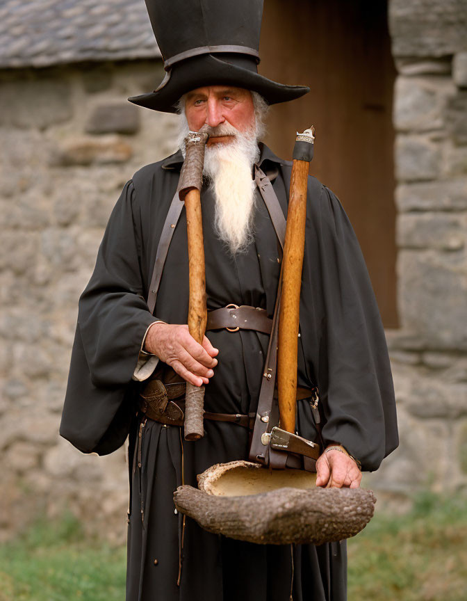 Elderly man in black cloak with white beard and walking stick by stone wall