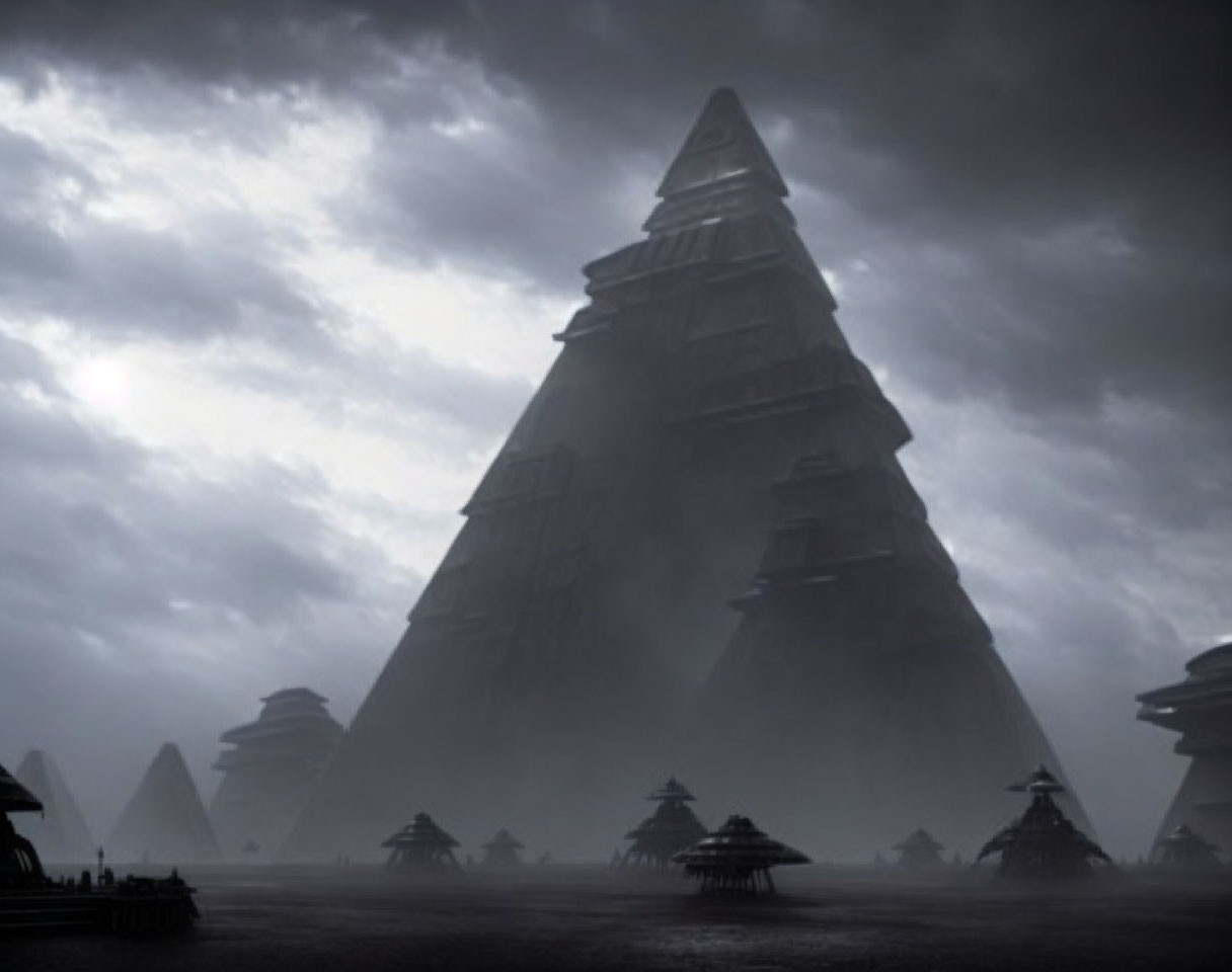 Mysterious pyramid structures in stormy landscape