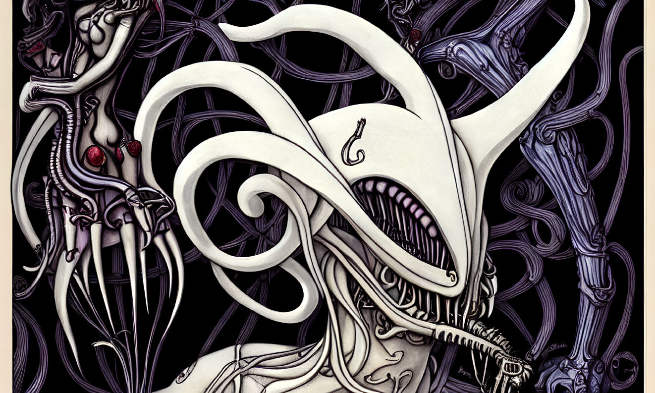 Detailed black and white illustration of menacing tentacled creature with sharp teeth.