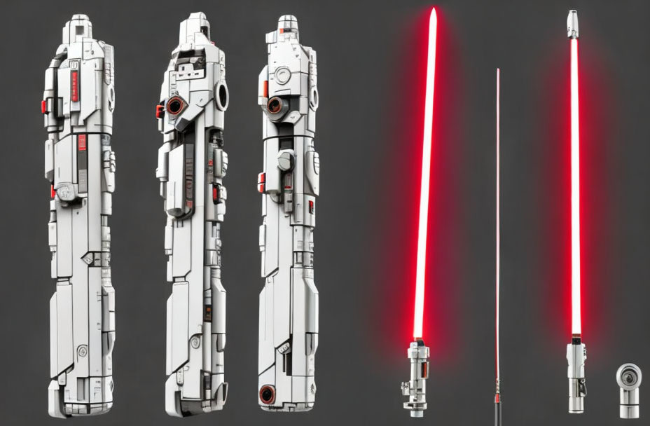 Red double-bladed lightsaber in four stages on grey background