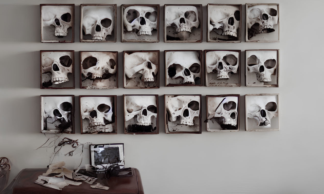 Skull Replicas Displayed Above Desk with Papers and Photo Frame