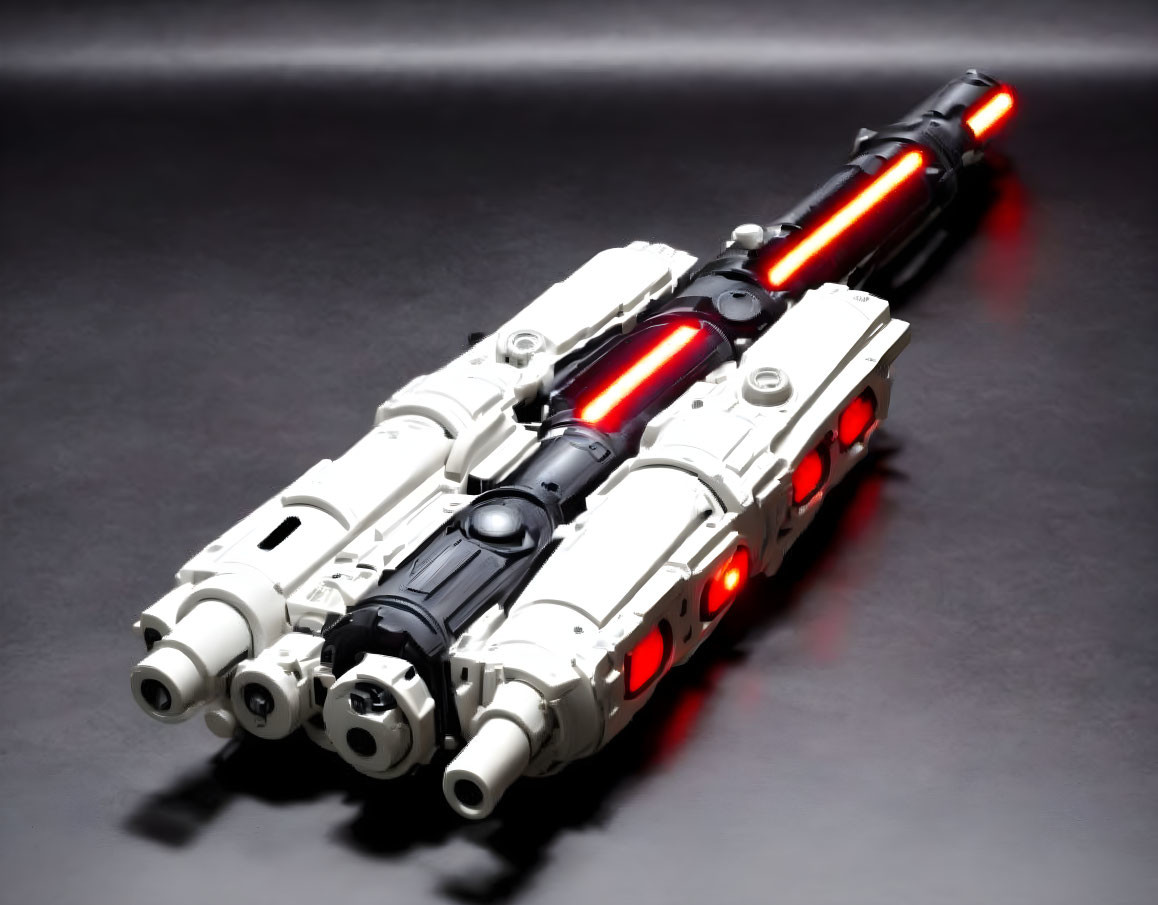 Futuristic white and black toy blaster with red LED lights on dark surface