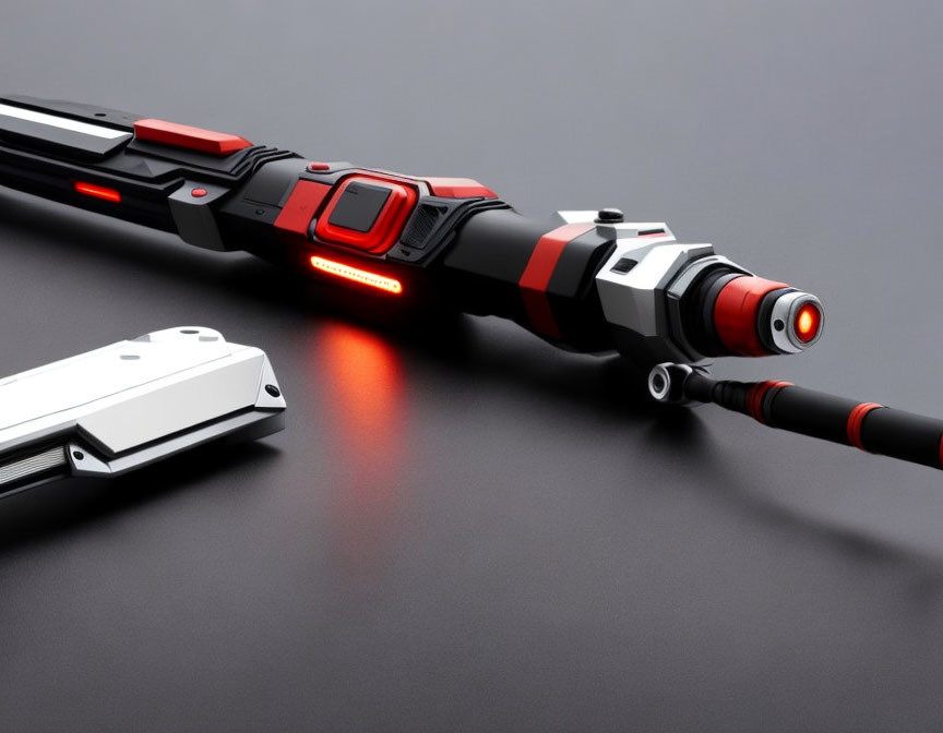 Futuristic Black and Red Sniper Rifle with Illuminated Scope and Barrel