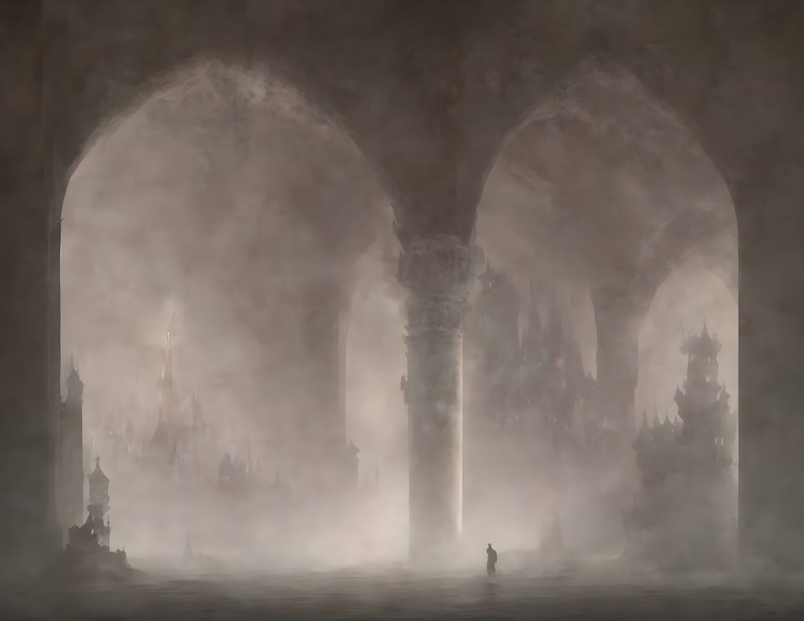 Mysterious figure under foggy arches with ghostly silhouettes.