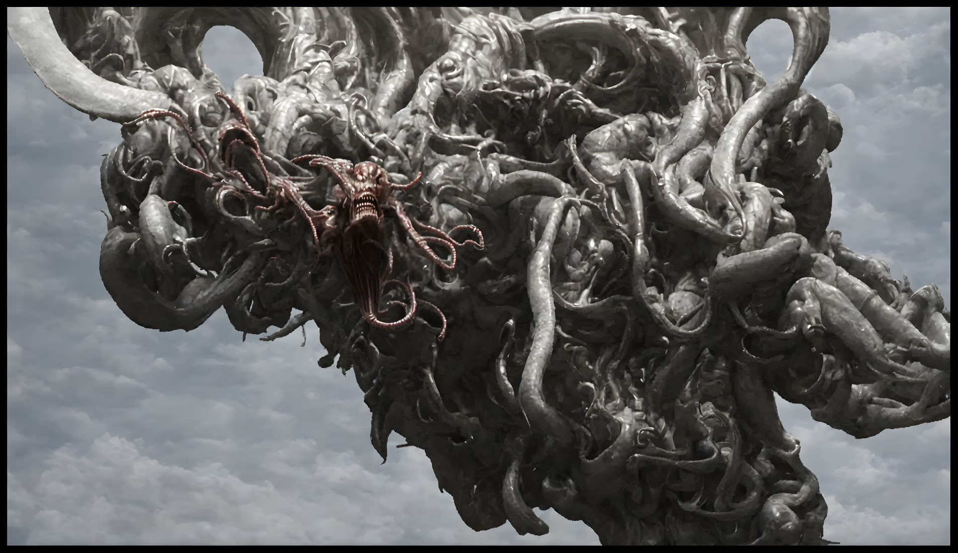 Dark surreal creature with tentacles and horns under cloudy sky