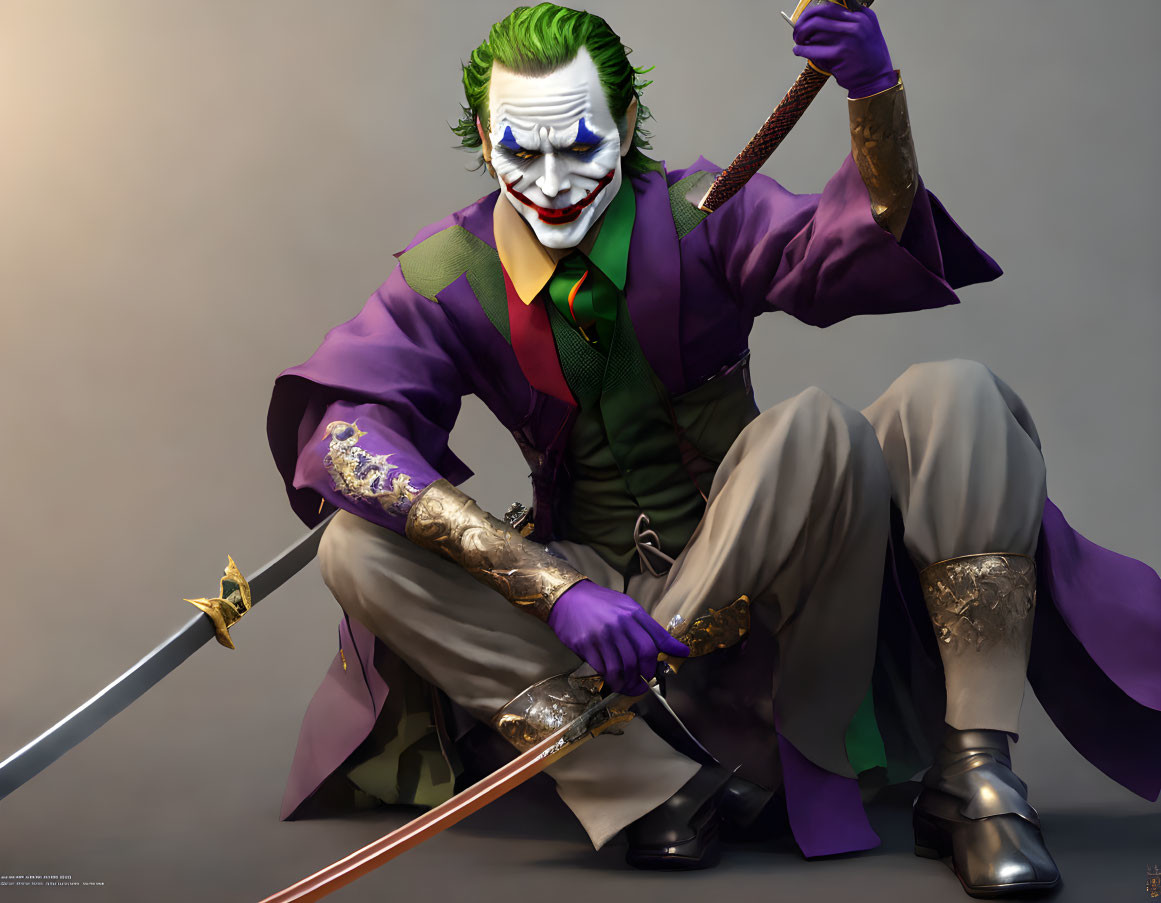 Sinister Joker-inspired figure with sword in purple coat