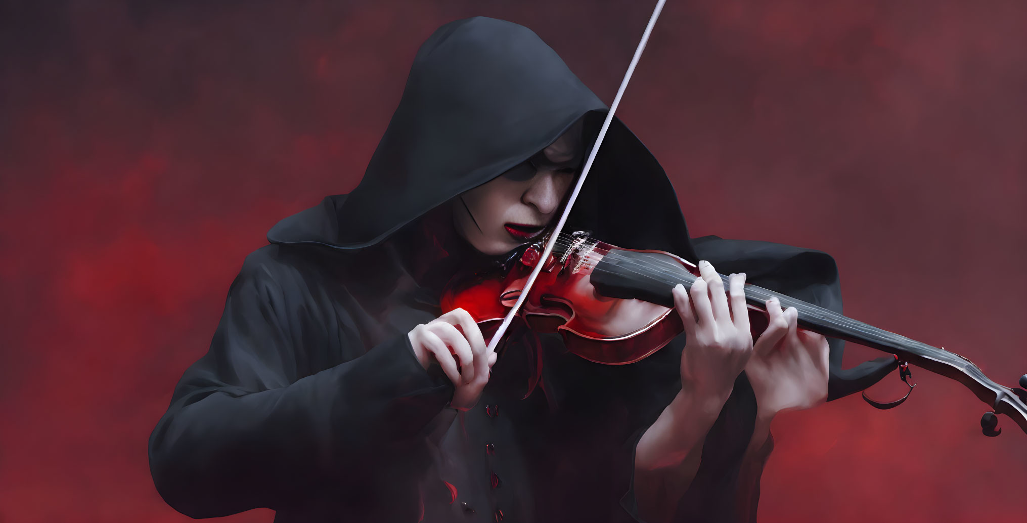 Mysterious figure playing red violin in dark cloak