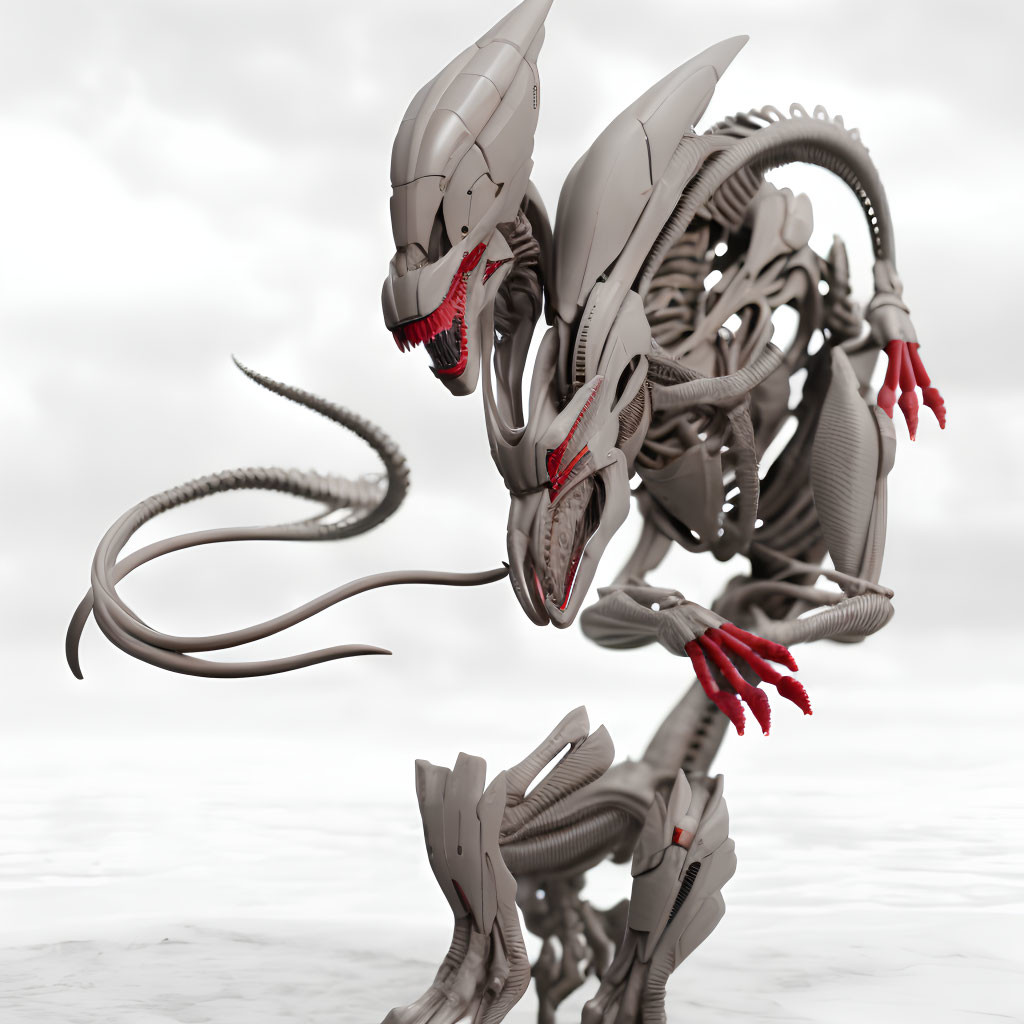 Biomechanical creature with skeletal structure, claws, and jaws in 3D render