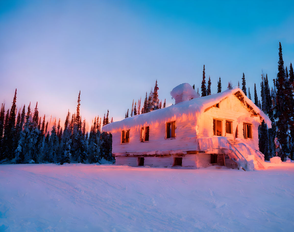 Snow-covered log cabin in frosty forest at dusk