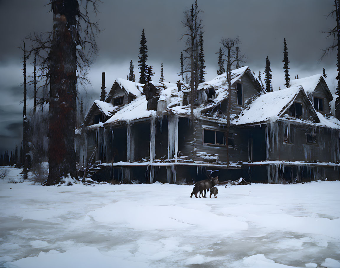 Snow-covered cabin in woods with lone wolf on icy ground