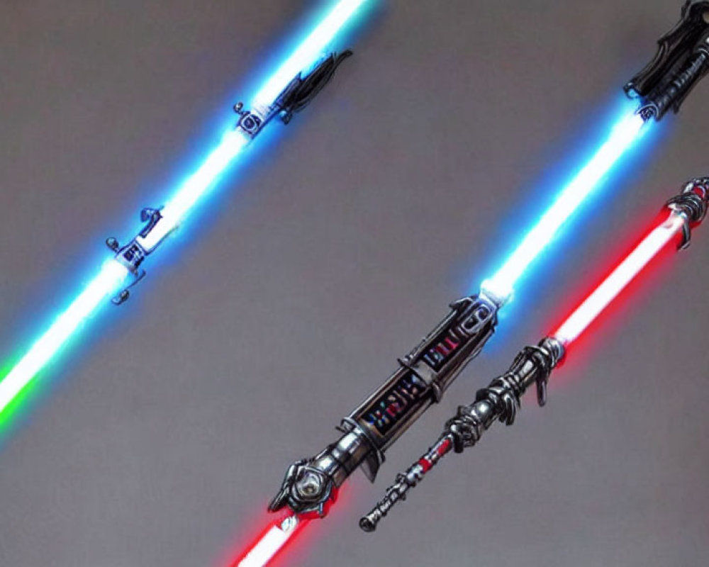 Three illuminated lightsabers with blue, green, and red blades on grey background