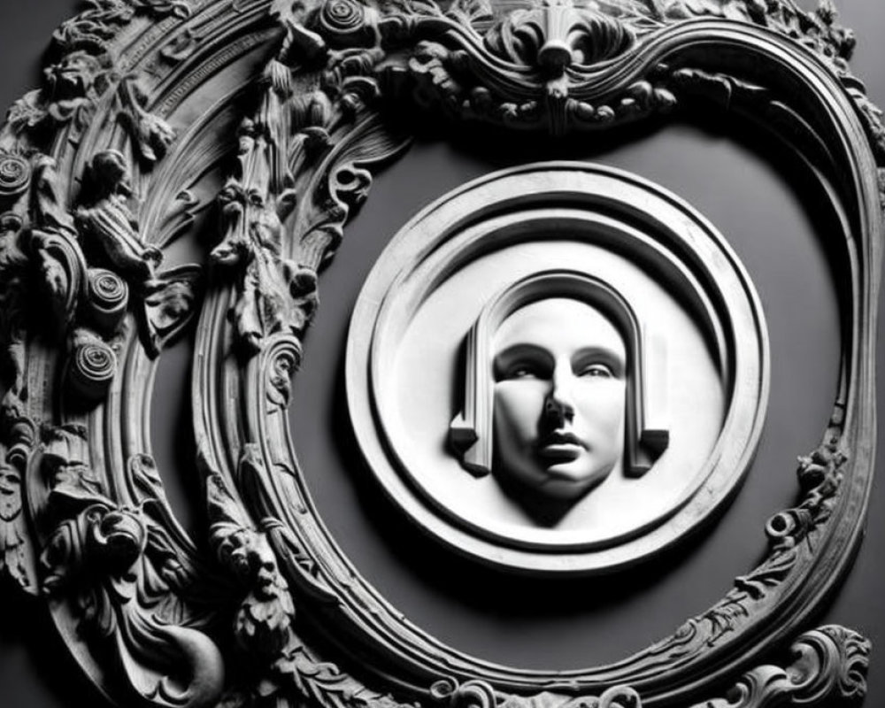 Monochrome photo of stylized human face in ornate baroque frame