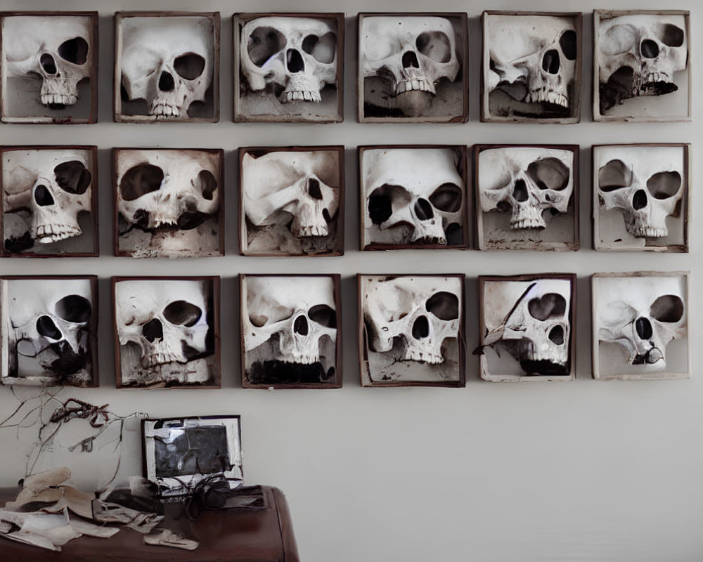 Skull Replicas Displayed Above Desk with Papers and Photo Frame