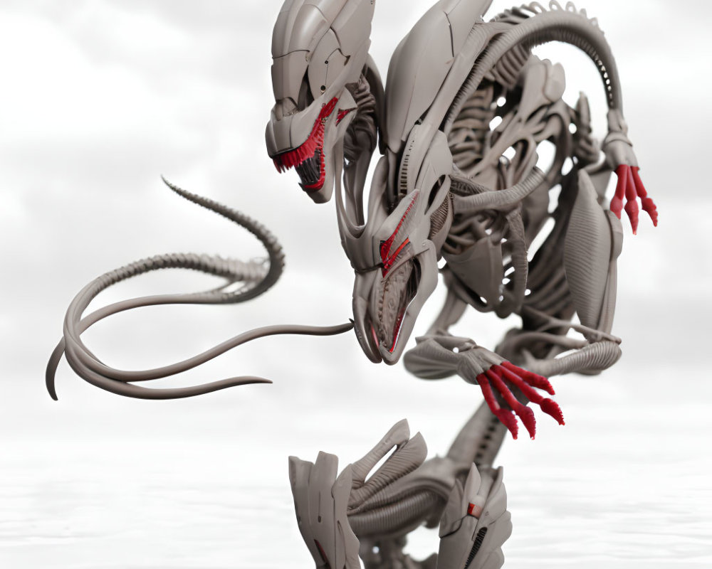 Biomechanical creature with skeletal structure, claws, and jaws in 3D render