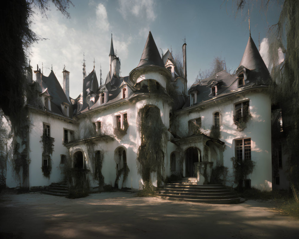 Eerie abandoned mansion with gothic style and overgrown vines