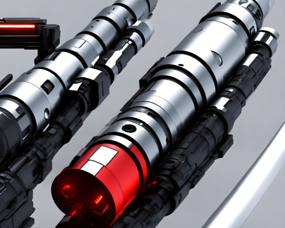 Three detailed lightsaber hilts on reflective surface, one with red blade