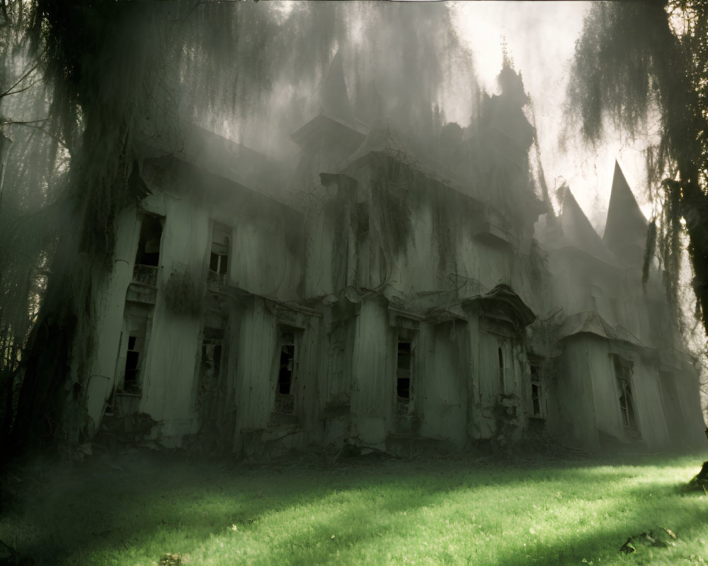 Abandoned mansion in mist with overgrown vegetation and decaying facade