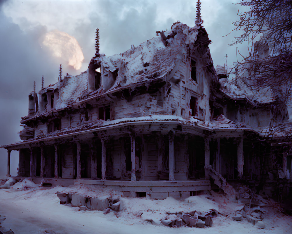 Snow-covered abandoned house with dilapidated columns under a gloomy sky.