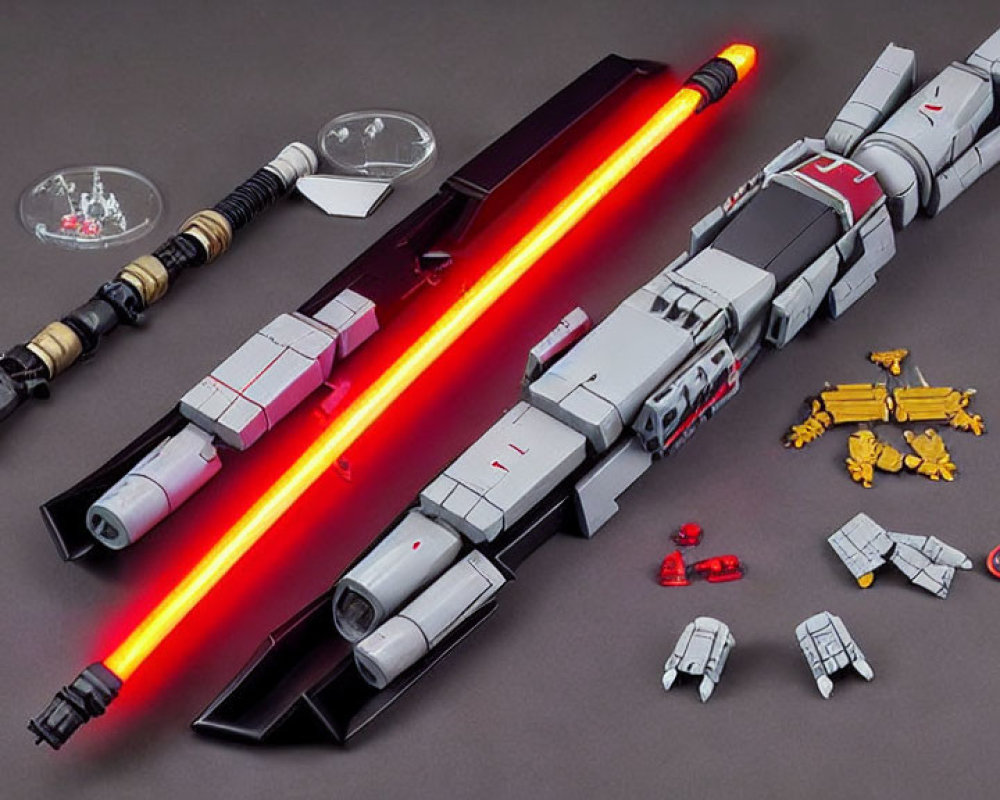 Detailed Toy Spacecraft Set with Red-and-White Ship & Glowing Red Lightsabers