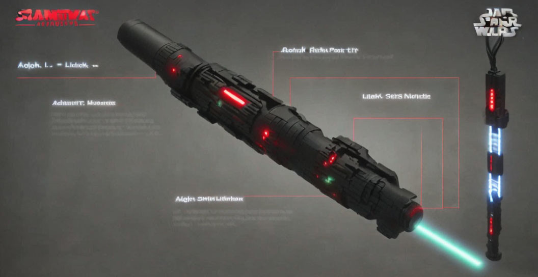 Detailed Black and Red Lightsaber Schematic with Annotations