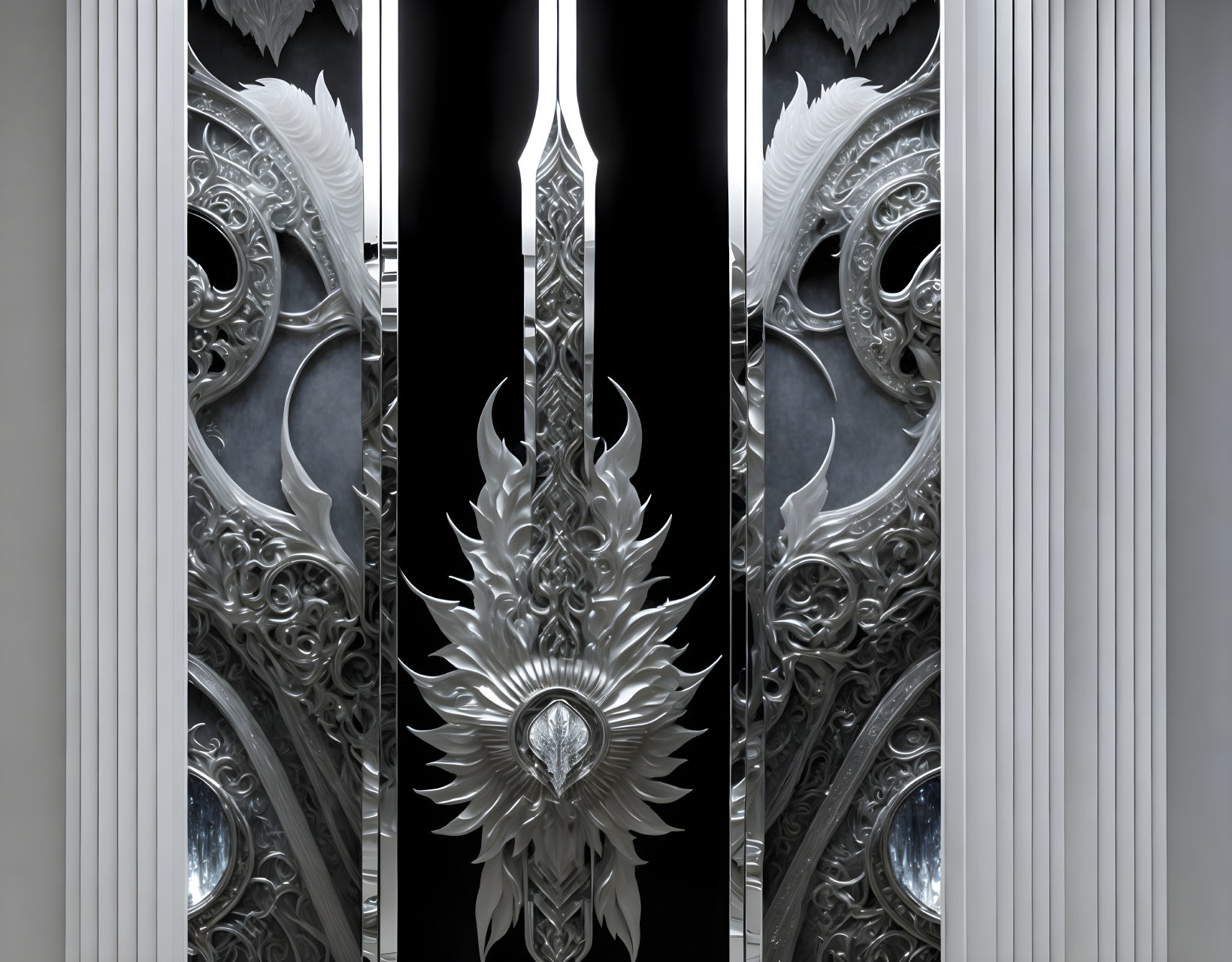 Intricate Silver Panels with Symmetrical Feather-like Designs