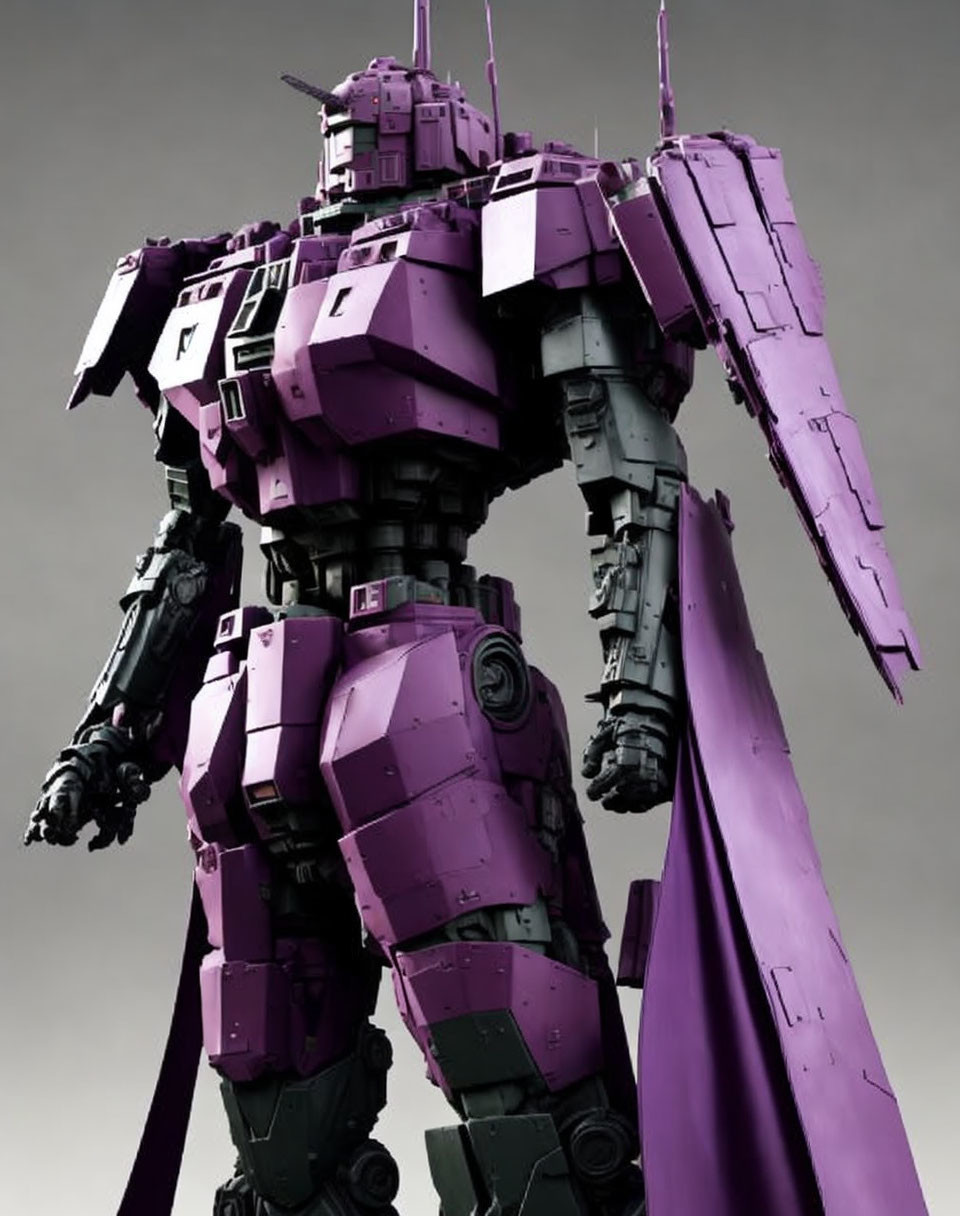 Purple blocky mecha robot with shoulder guards and cape