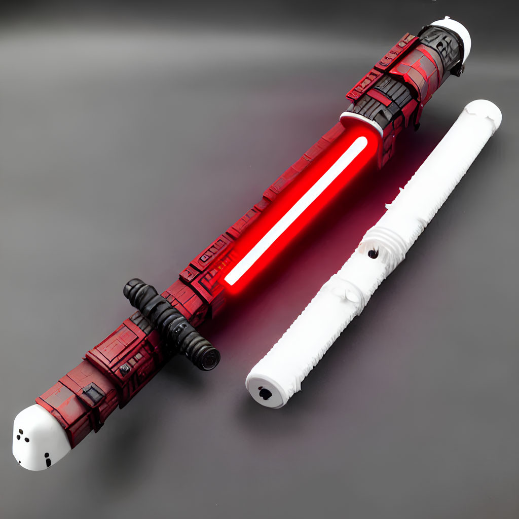 Intricately designed red and white lightsabers on reflective surface