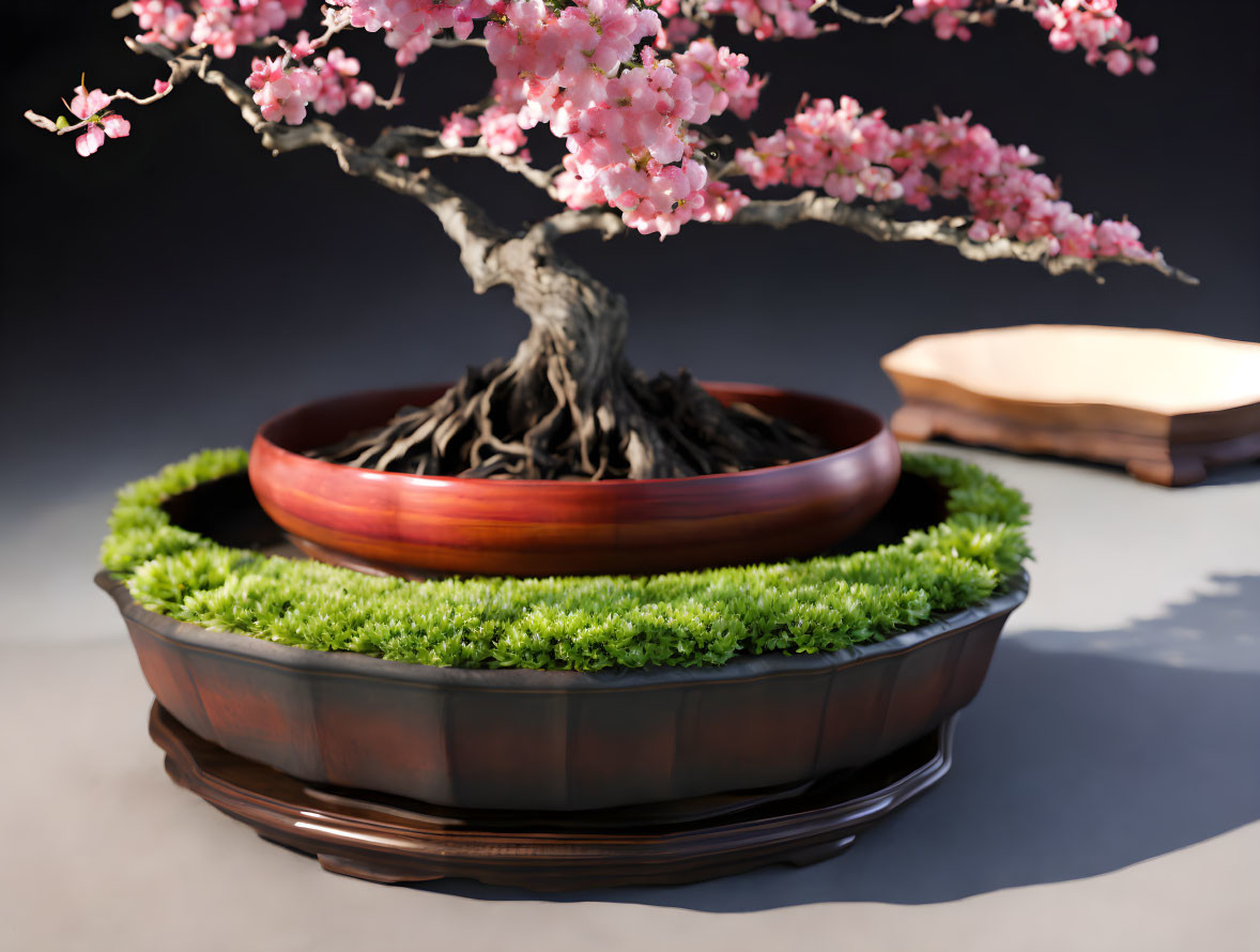 Flourishing bonsai tree with pink blossoms in wooden pot on grey backdrop