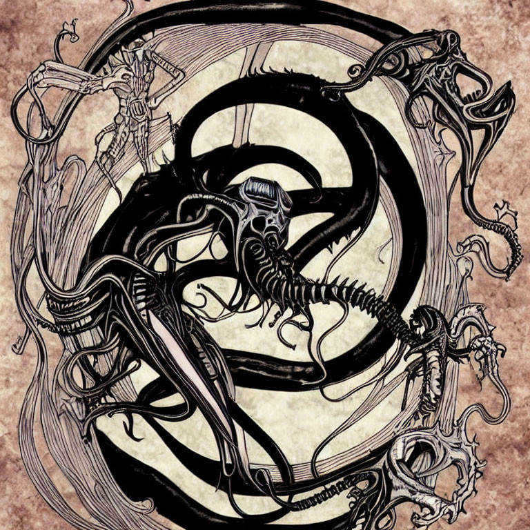 Detailed black and white skeletal figure with tentacles in ornate swirls on textured background