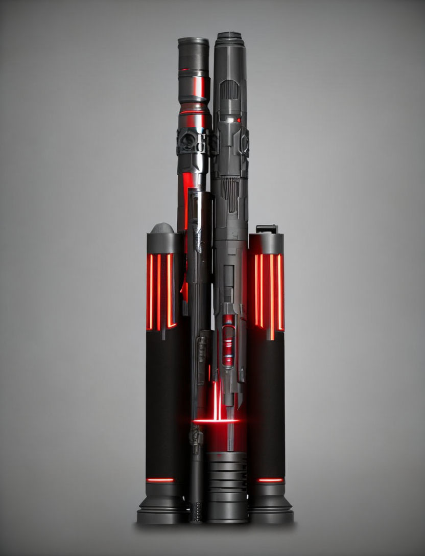 Three Black and Red Lightsabers with Illuminated Accents on Gray Background