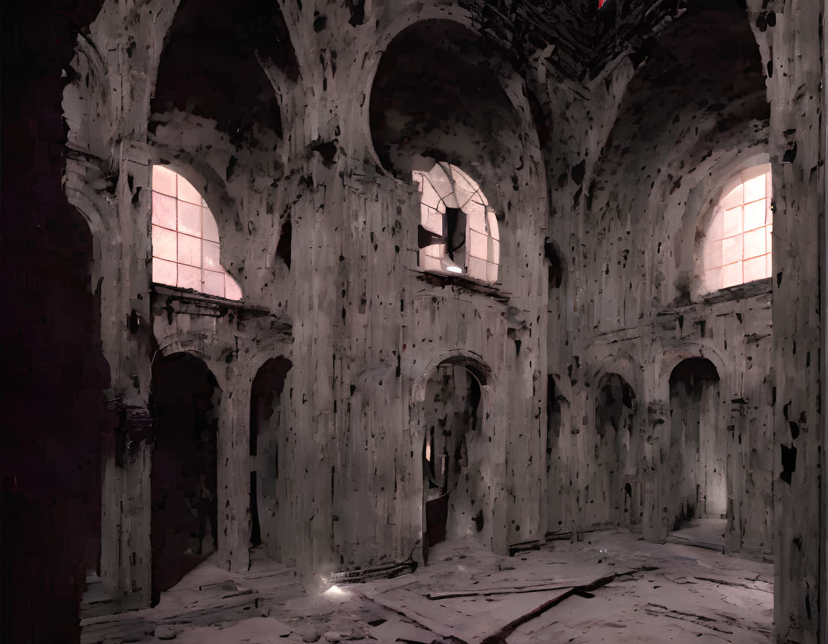 Abandoned building interior with arches, damaged walls, sunlight, and debris