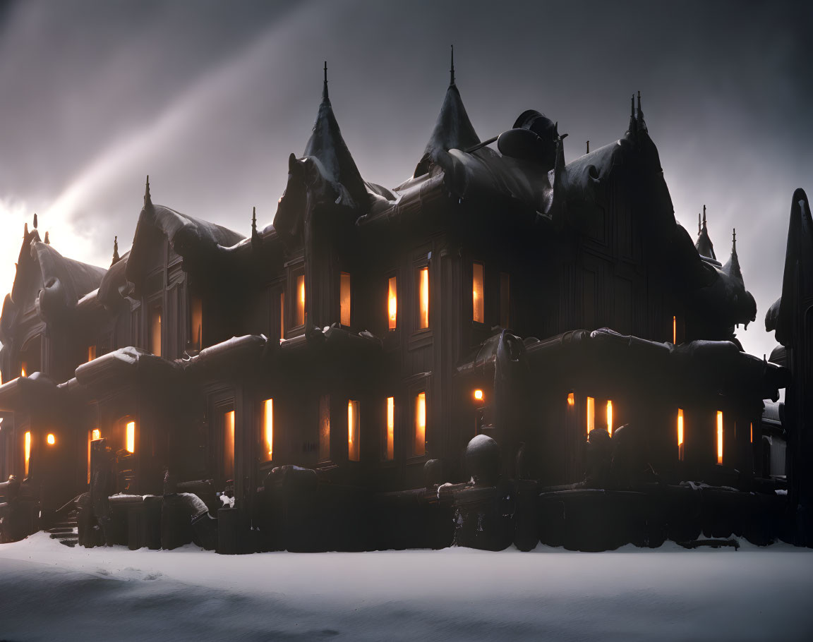 Gothic-style mansion at twilight with snow-covered ground