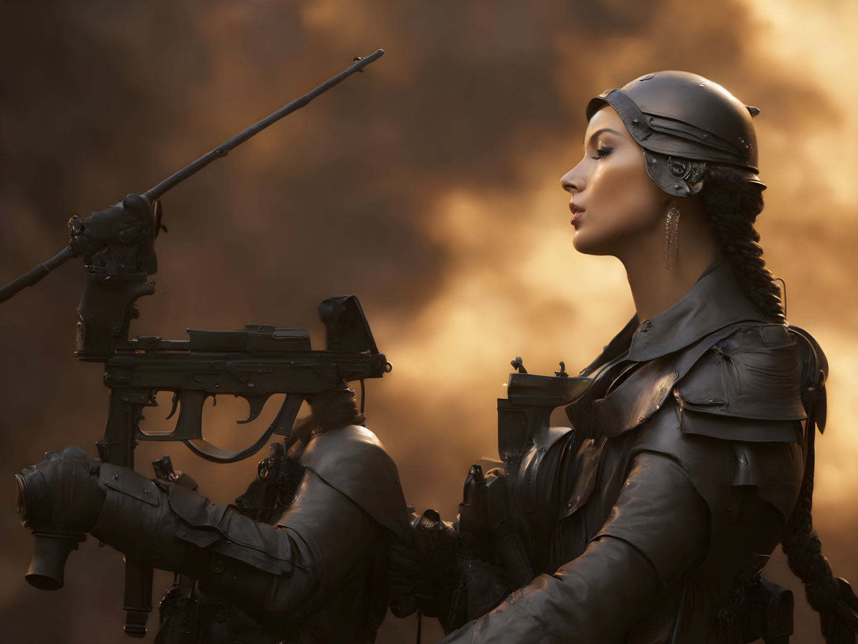 Profile view of woman in futuristic armor with helmet and mechanical gun against fiery background