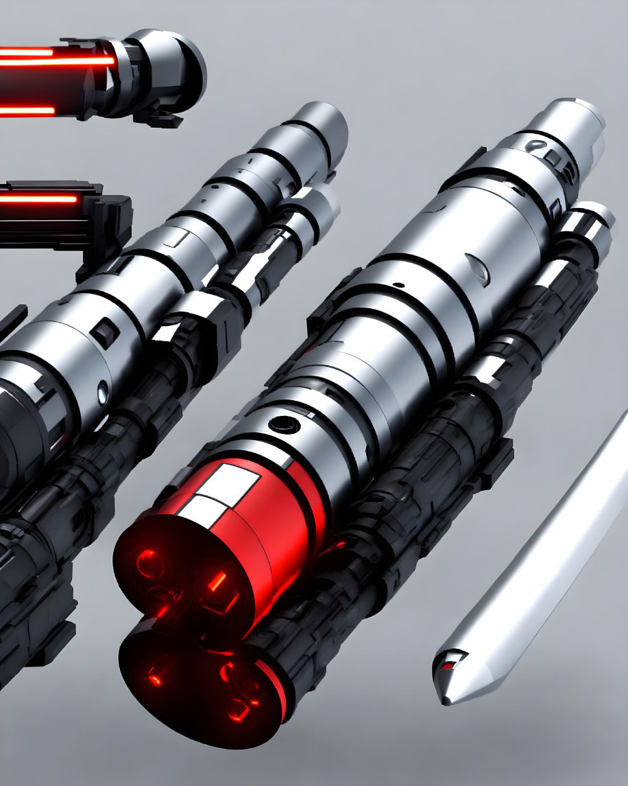 Three detailed lightsaber hilts on reflective surface, one with red blade