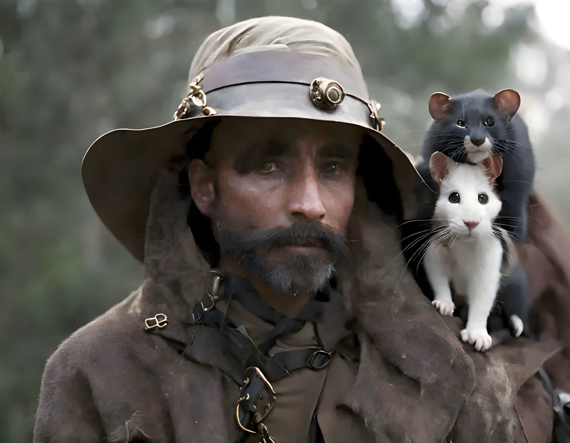 Vintage explorer in wide-brimmed hat with two rats on shoulder